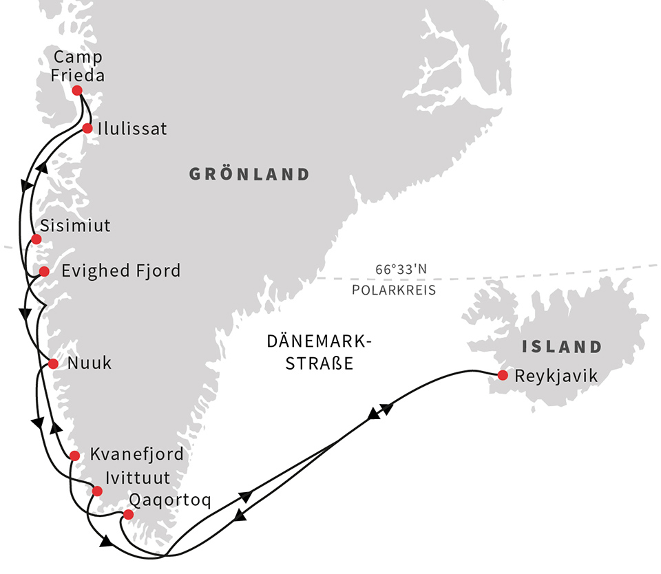 Groenland Karte der Hurtigruten Seereise in der Diskobucht