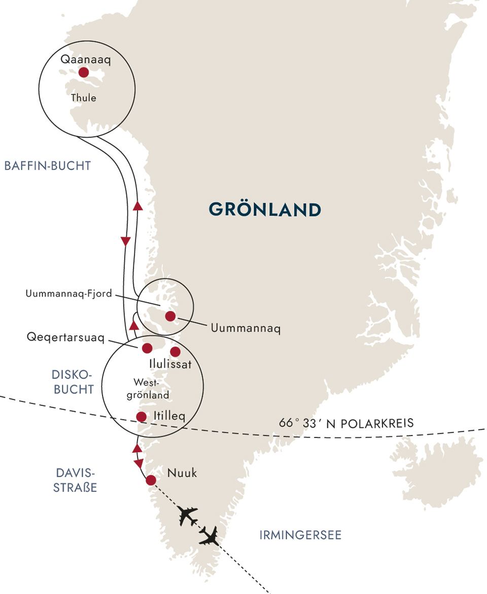 Groenland Karte der Hurtigruten Seereise in der Diskobucht