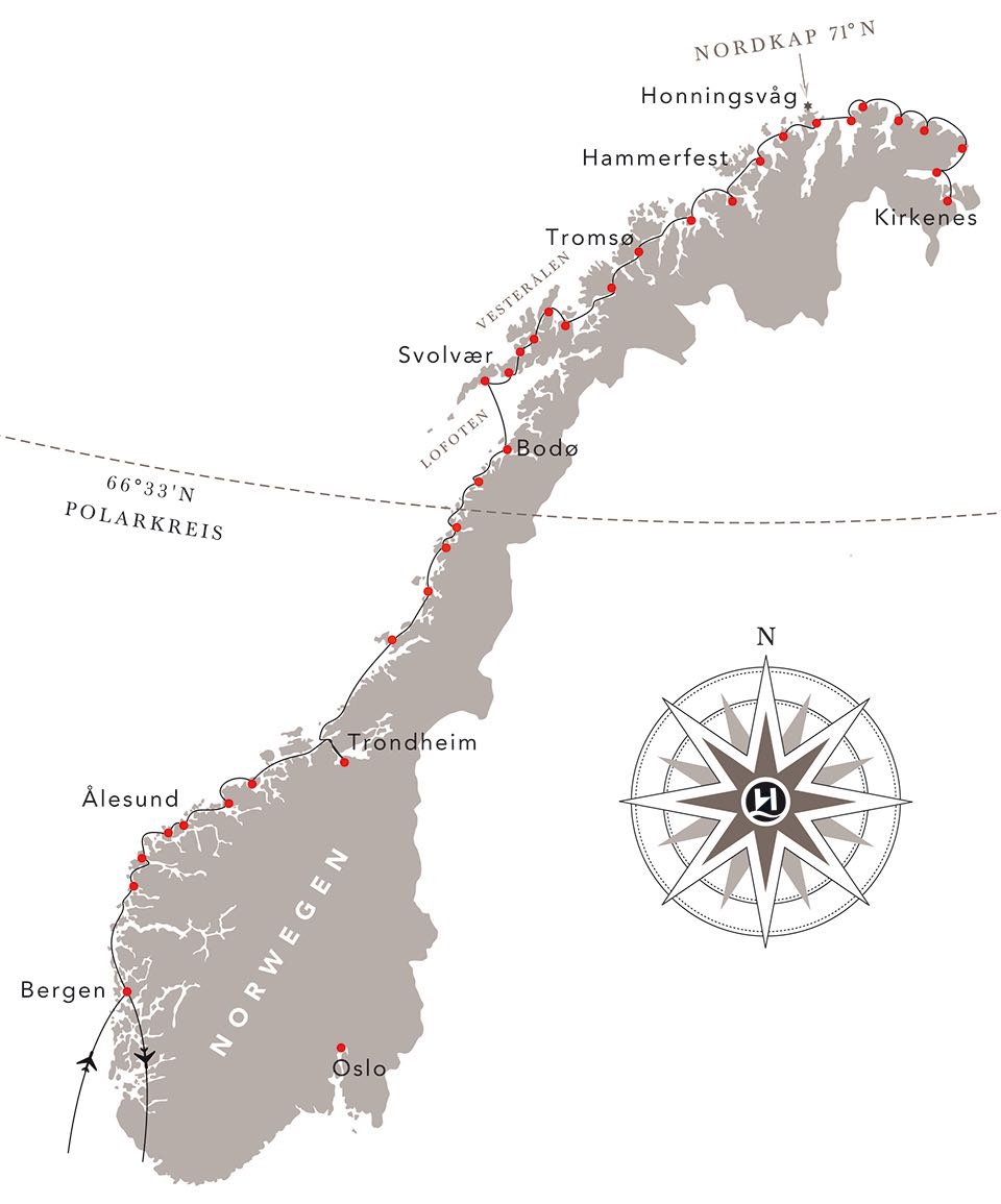 Karte mit Haefen der Hurtigruten Fotoreise Bergen Kirkenes Bergen