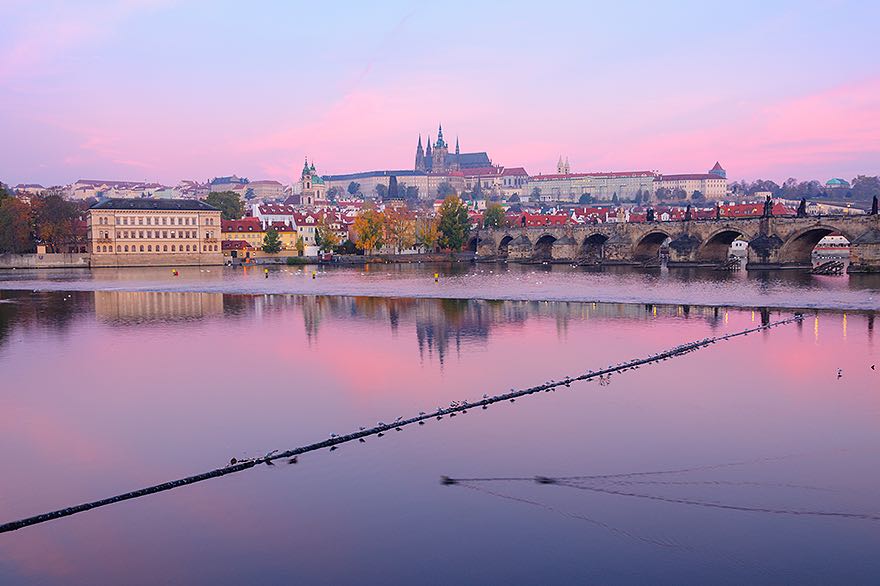 Das Prager Burgviertel mit Karlsbruecke waehrend der blauen Stunde